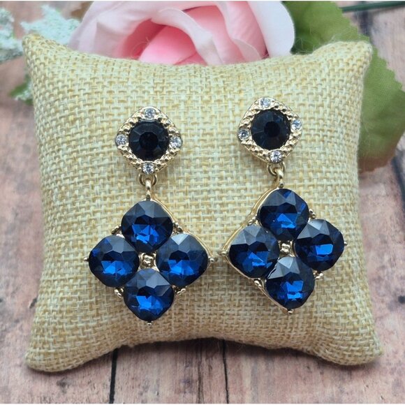 Formal Blue Crystal & Gold Tone Dangle Drop Statement Earrings Pierced Prom Even - Picture 1 of 5